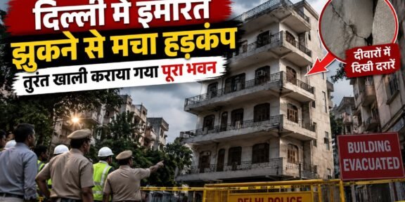 गांधी नगर दिल्ली में एक ओर झुकी चार मंजिला इमारत और मौके पर पुलिस