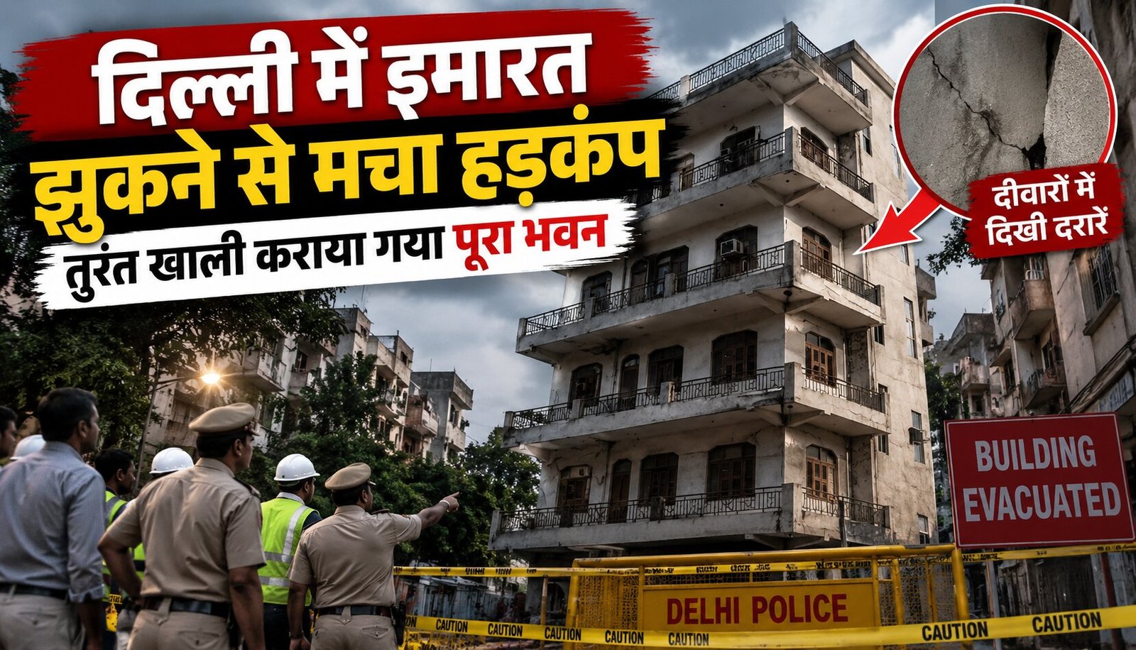 गांधी नगर दिल्ली में एक ओर झुकी चार मंजिला इमारत और मौके पर पुलिस