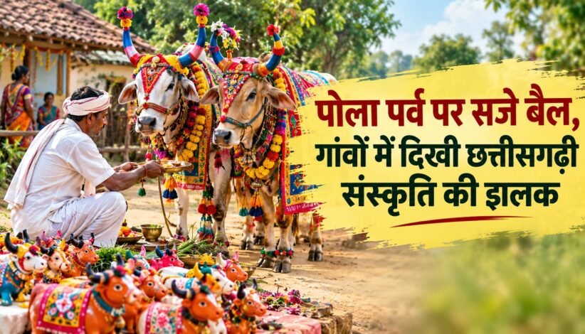 बलौदाबाजार में पोला पर्व पर सजाए गए बैल और मिट्टी के बैल